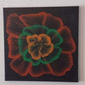 Hand made 12"x12"x1/2" pour paint/pull painting using black, red, green, orange
